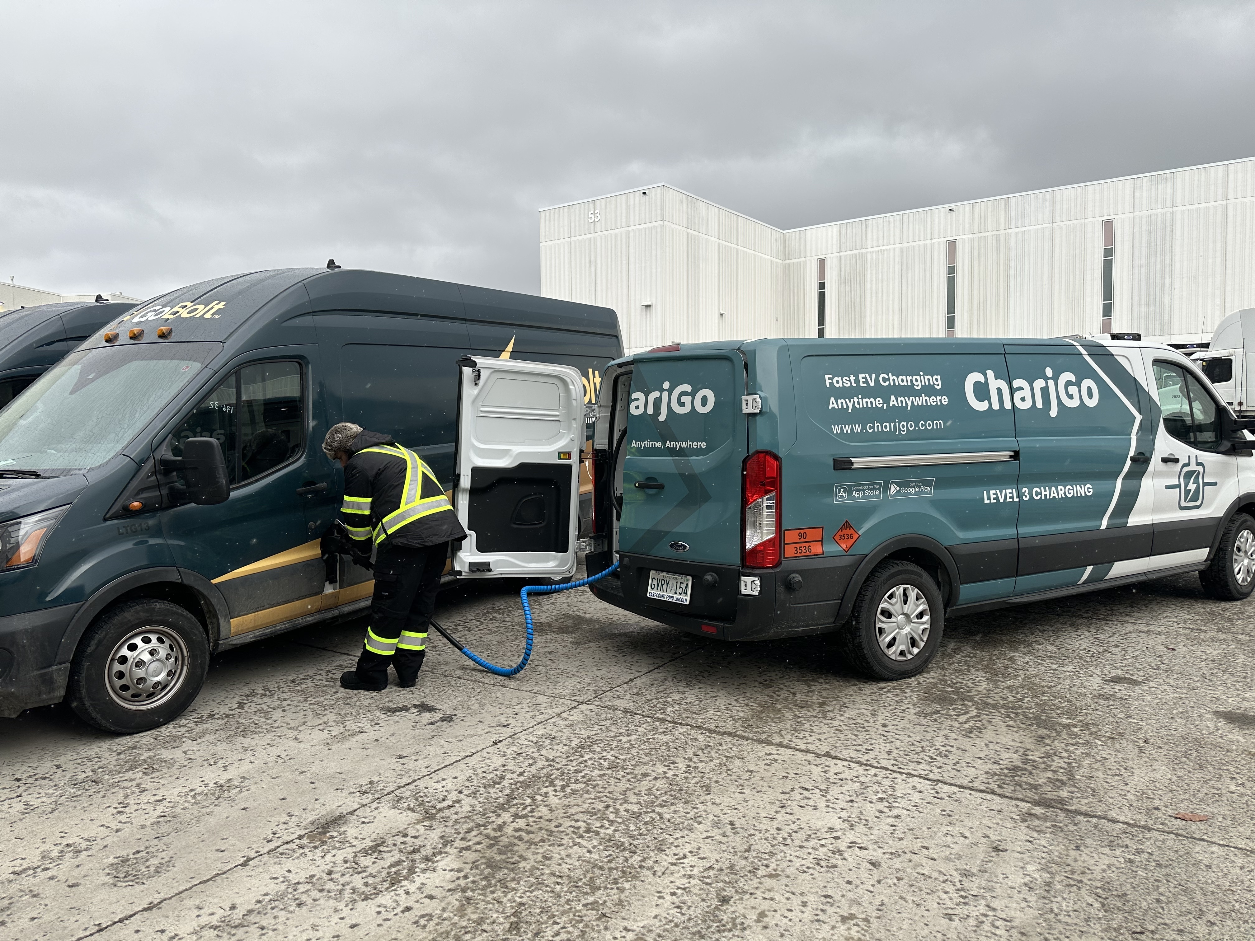 Mobile EV charging truck servicing an electric commercial fleet in Canada